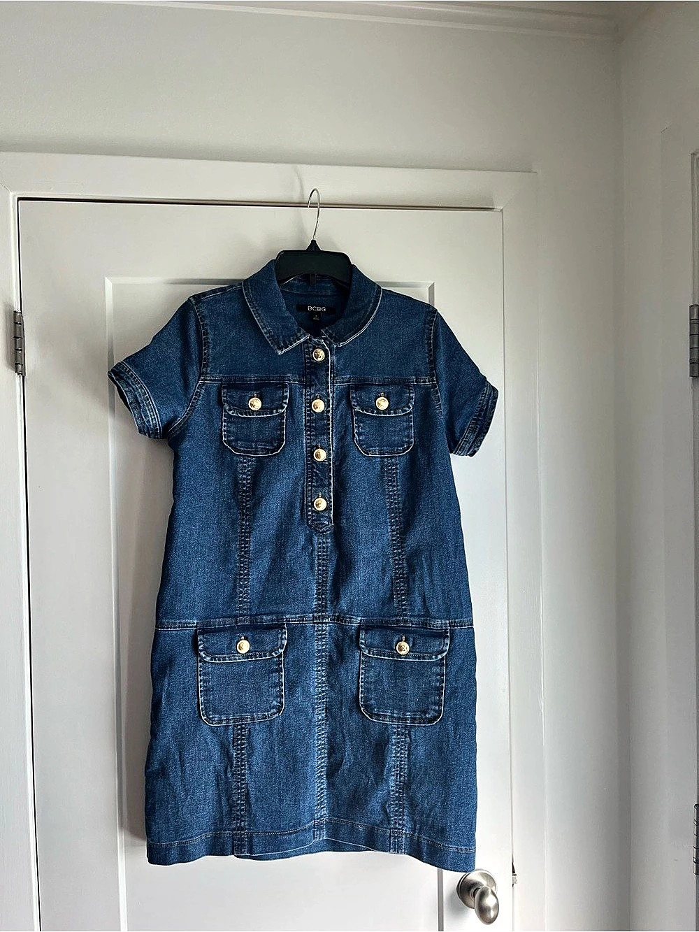BCBG Collared Neck Denim Shirt Dress in Blue